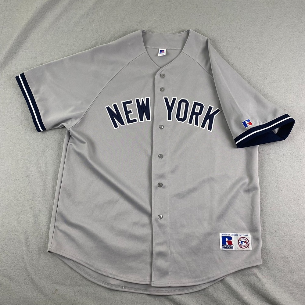 New York Yankees Jersey Mens XL Gray MLB Baseball Russell Athletic Button Front